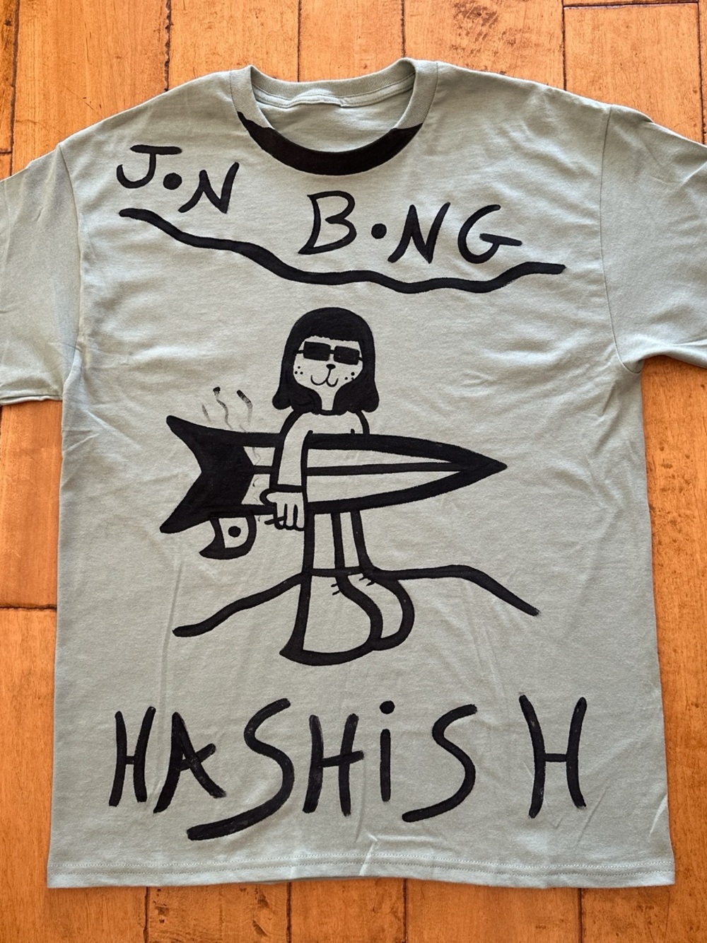 Graphic Surf Cartoon Tee - Light Sage with Black Print